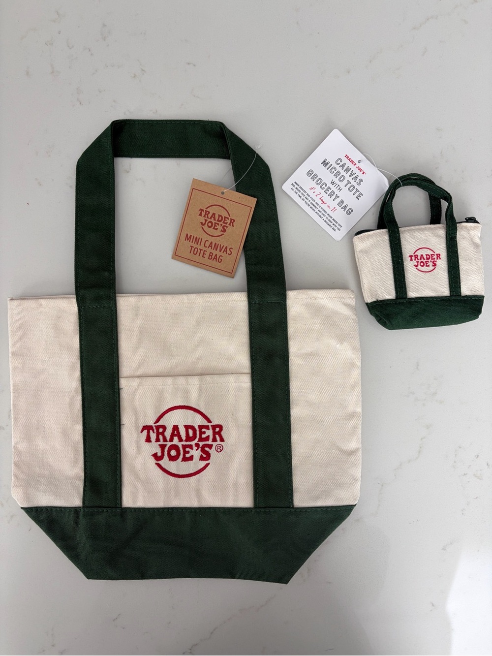 Trader Joe's Canvas Mini Tote Bag with matching micro tote - Cream & Dark Green